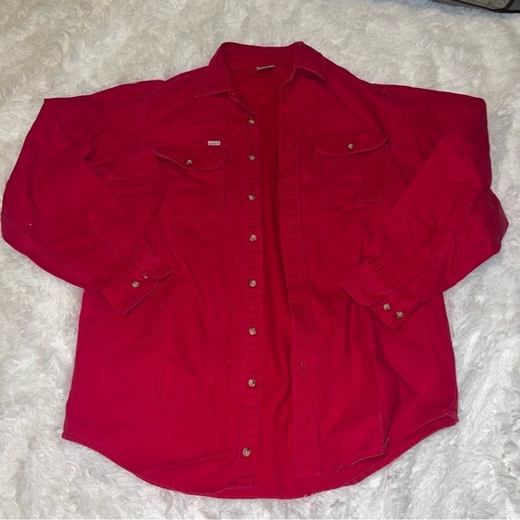 Carhartt Vintage Solid Red Long Sleeve Button Up Mens Thick Shirt size XL - Picture 2 of 4